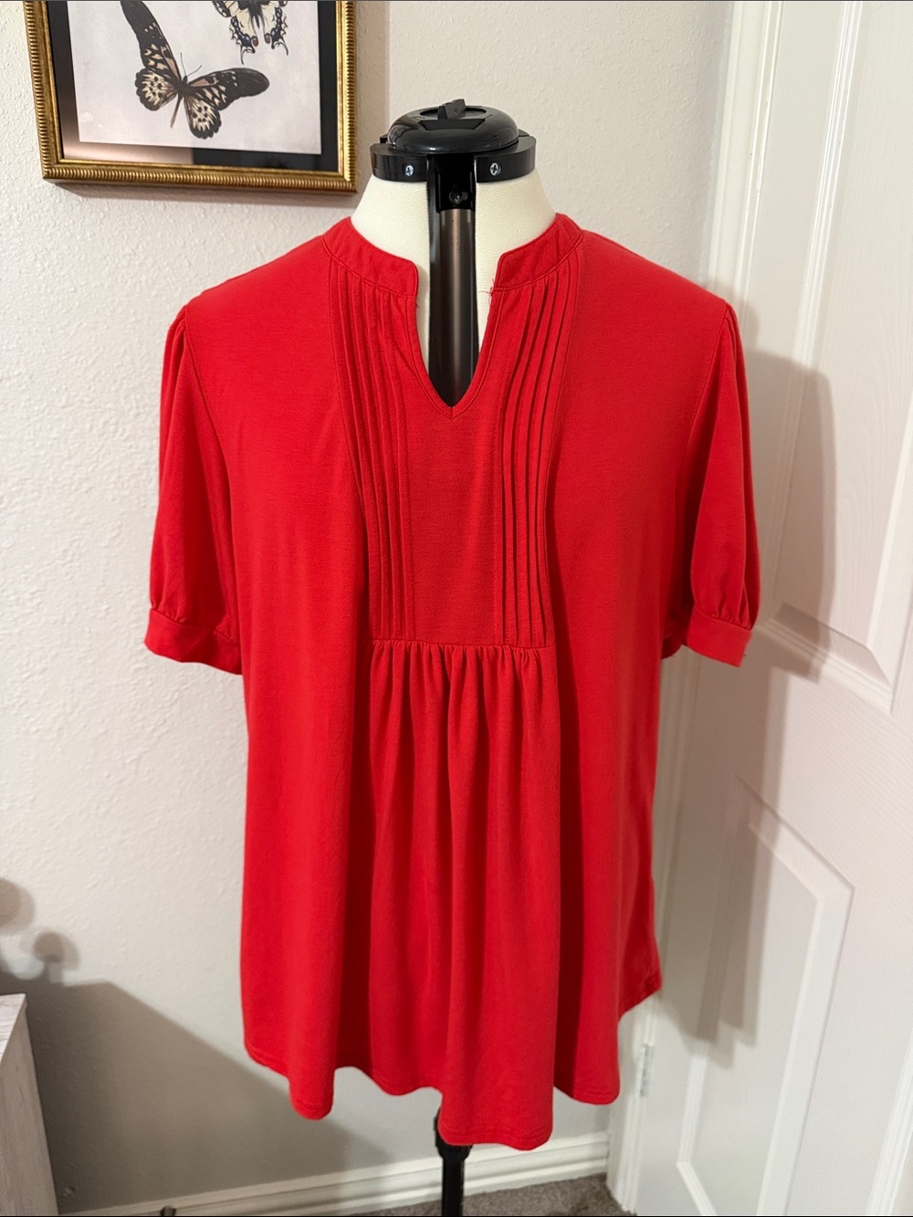 Red Pintuck V-Neck Tunic Top